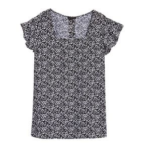 HALOGEN Square Neck Flutter Sleeve Top In Black- Ivory Leo Dot